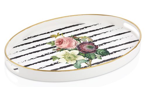 Otantik Tepsi Beyaz Dekorlu Oval Küçük